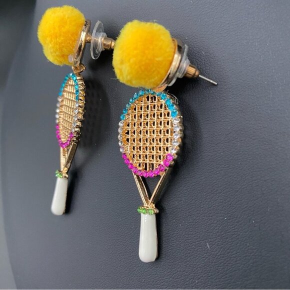 Cute Tennis Racket Statement Earrings with PomPom and Rhinestones - Picture 3 of 8